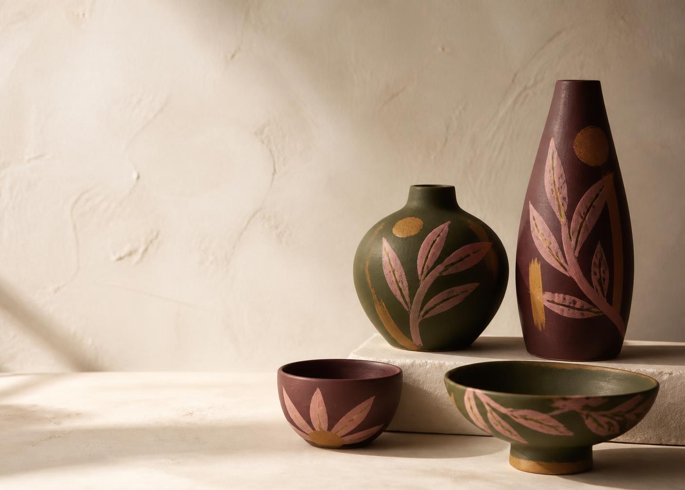 Hand-painted decorative ceramic vessels in burgundy and olive glazes